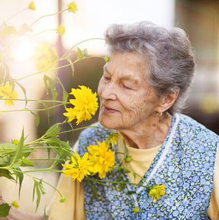 Senior Woman Smelling Yellow Flowers